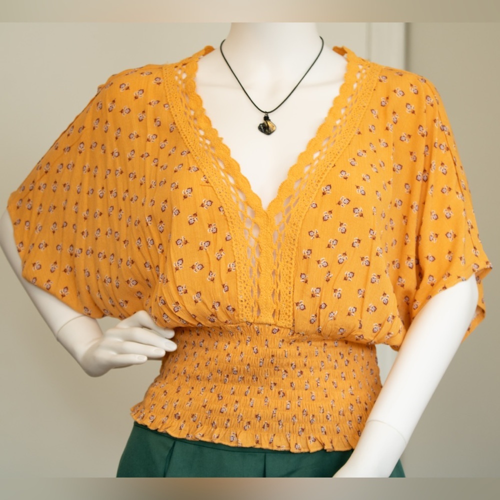 Forever 21 Orange Ditsy Floral Smock Dolman Short Sleeve Blouse Women’s Top Sz M